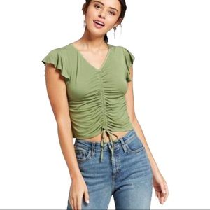 Xhileration size Xs green short sleeve fitted vneck crop top with ruffle sleeves